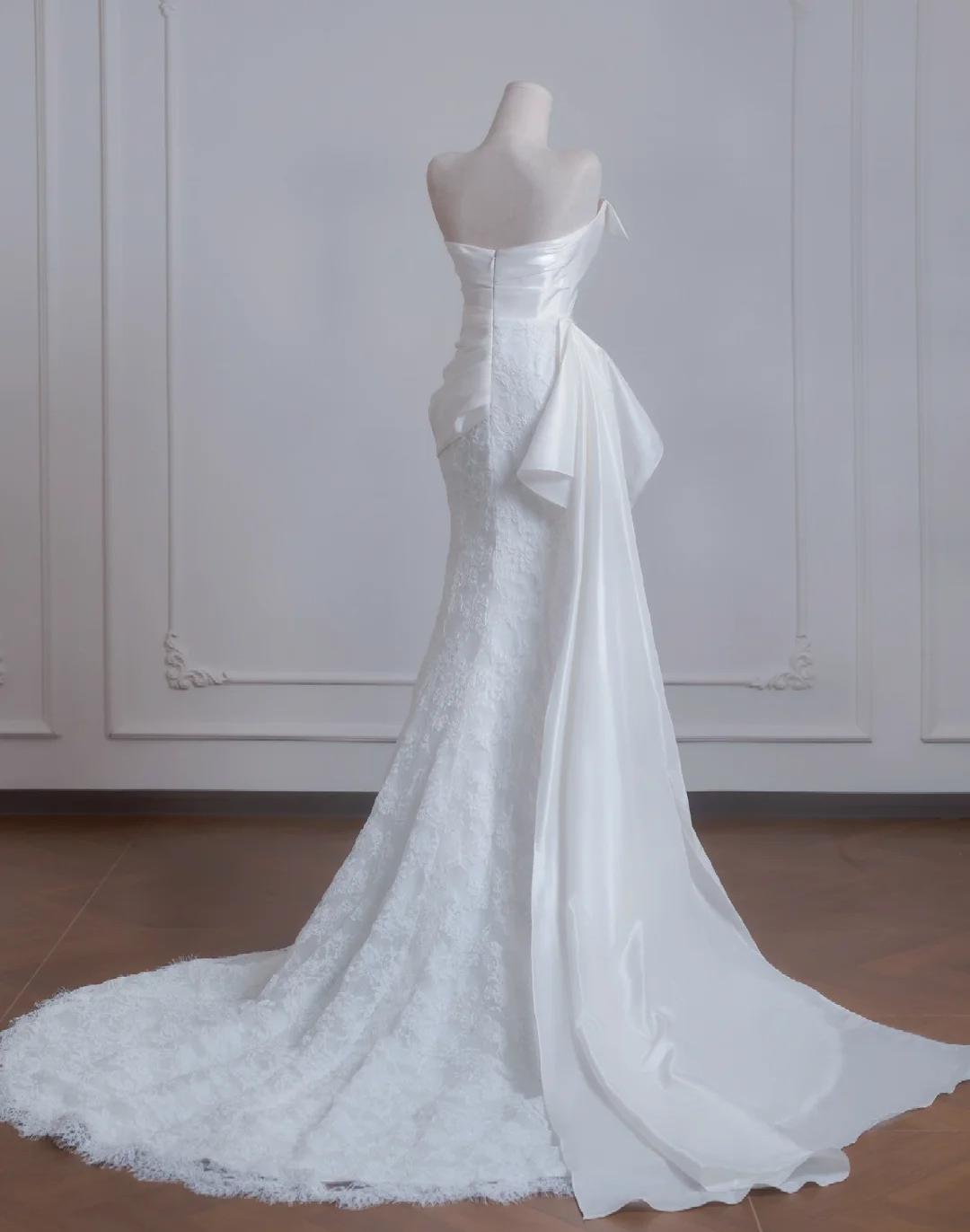 White Strapless Satin Lace Mermaid Train Wedding Dress,Elegant Long Prom Dresses ED02192