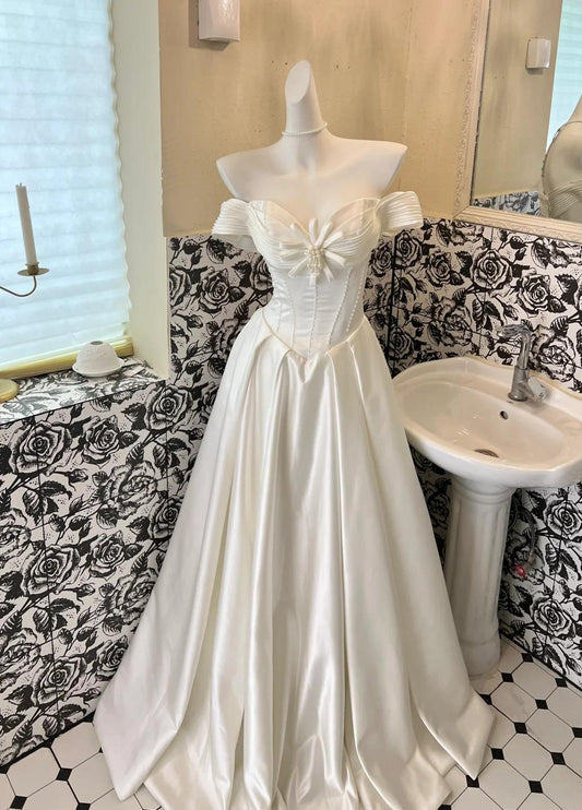 Pearl White Off Shoulder A-Line Satin Vintage Wedding Dress, Sweet Long Prom Dresses ED02193