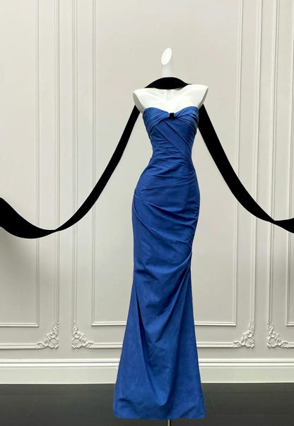 Elegant Blue Mermaid Strapless Satin Long Prom Dresses Formal Evening Gowns ED02194
