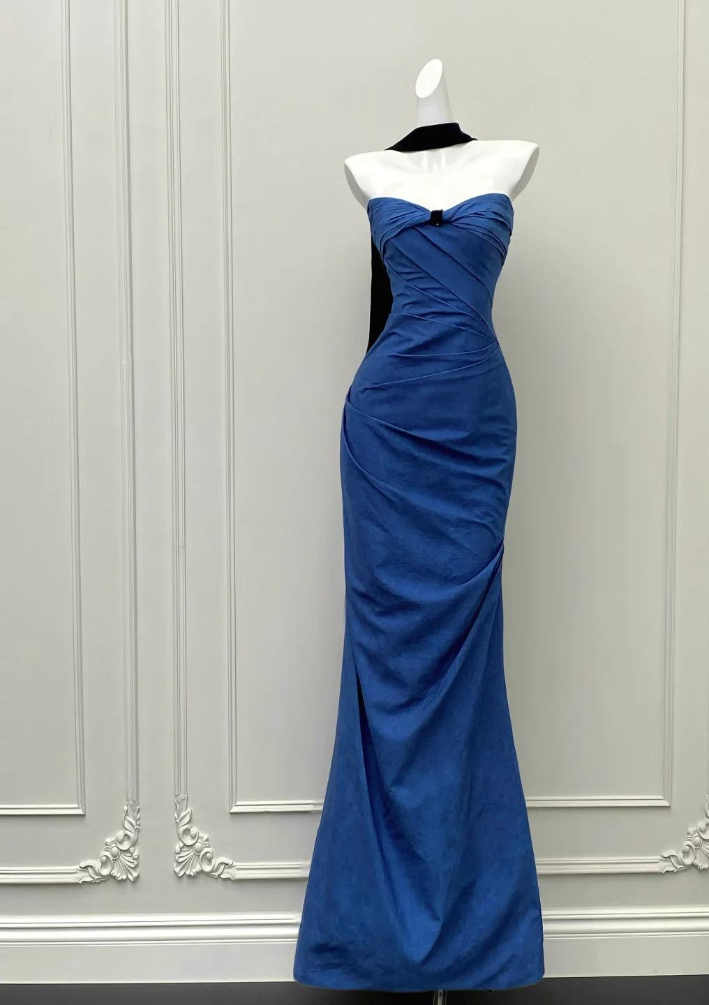 Elegant Blue Mermaid Strapless Satin Long Prom Dresses Formal Evening Gowns ED02194