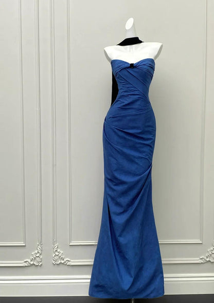 Elegant Blue Mermaid Strapless Satin Long Prom Dresses Formal Evening Gowns ED02194