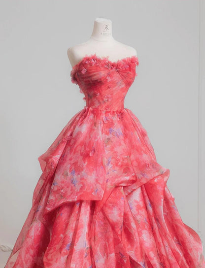 Gorgeous Red A-Line Strapless Printed Tulle Wedding Dress Sweet Long Prom Dresses ED02195