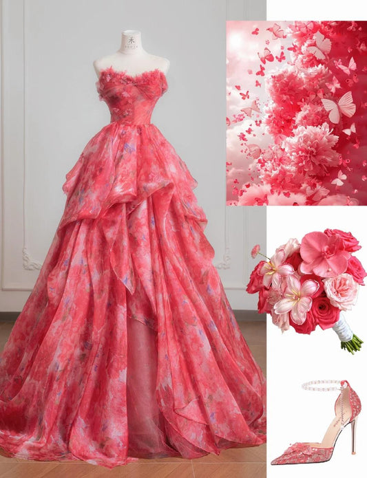Gorgeous Red A-Line Strapless Printed Tulle Wedding Dress Sweet Long Prom Dresses ED02195