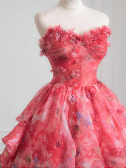 Gorgeous Red A-Line Strapless Printed Tulle Wedding Dress Sweet Long Prom Dresses ED02195