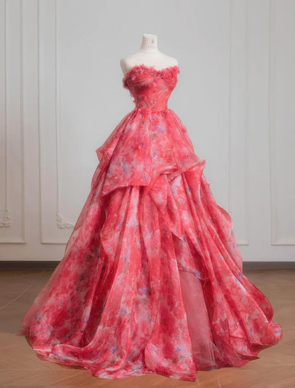 Gorgeous Red A-Line Strapless Printed Tulle Wedding Dress Sweet Long Prom Dresses ED02195