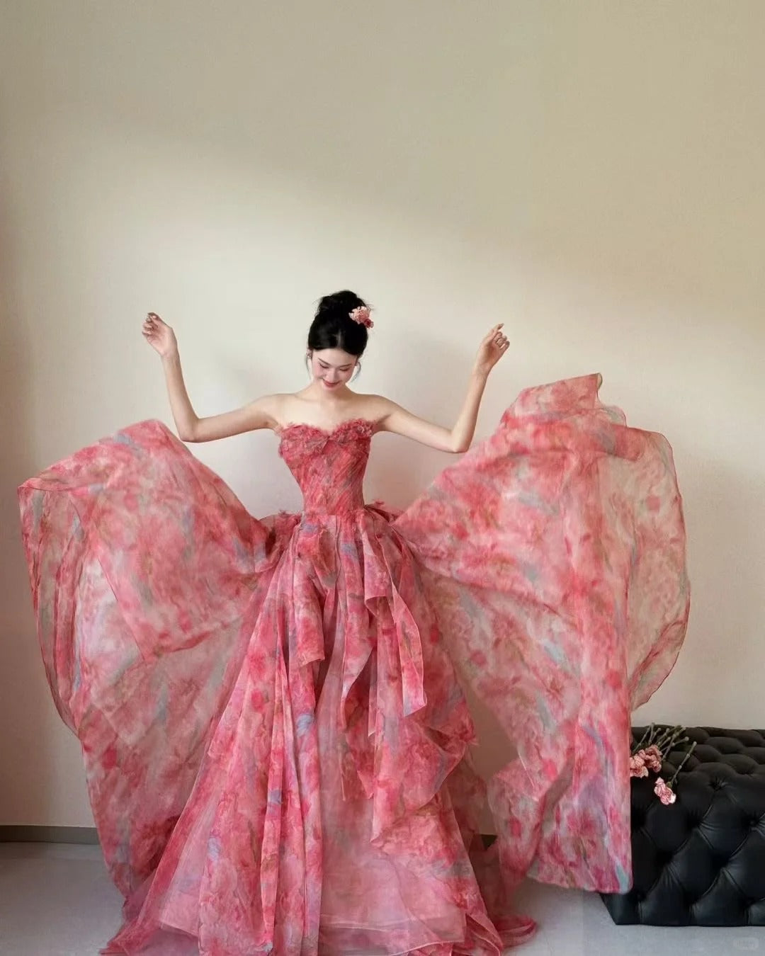 Gorgeous Red A-Line Strapless Printed Tulle Wedding Dress Sweet Long Prom Dresses ED02195