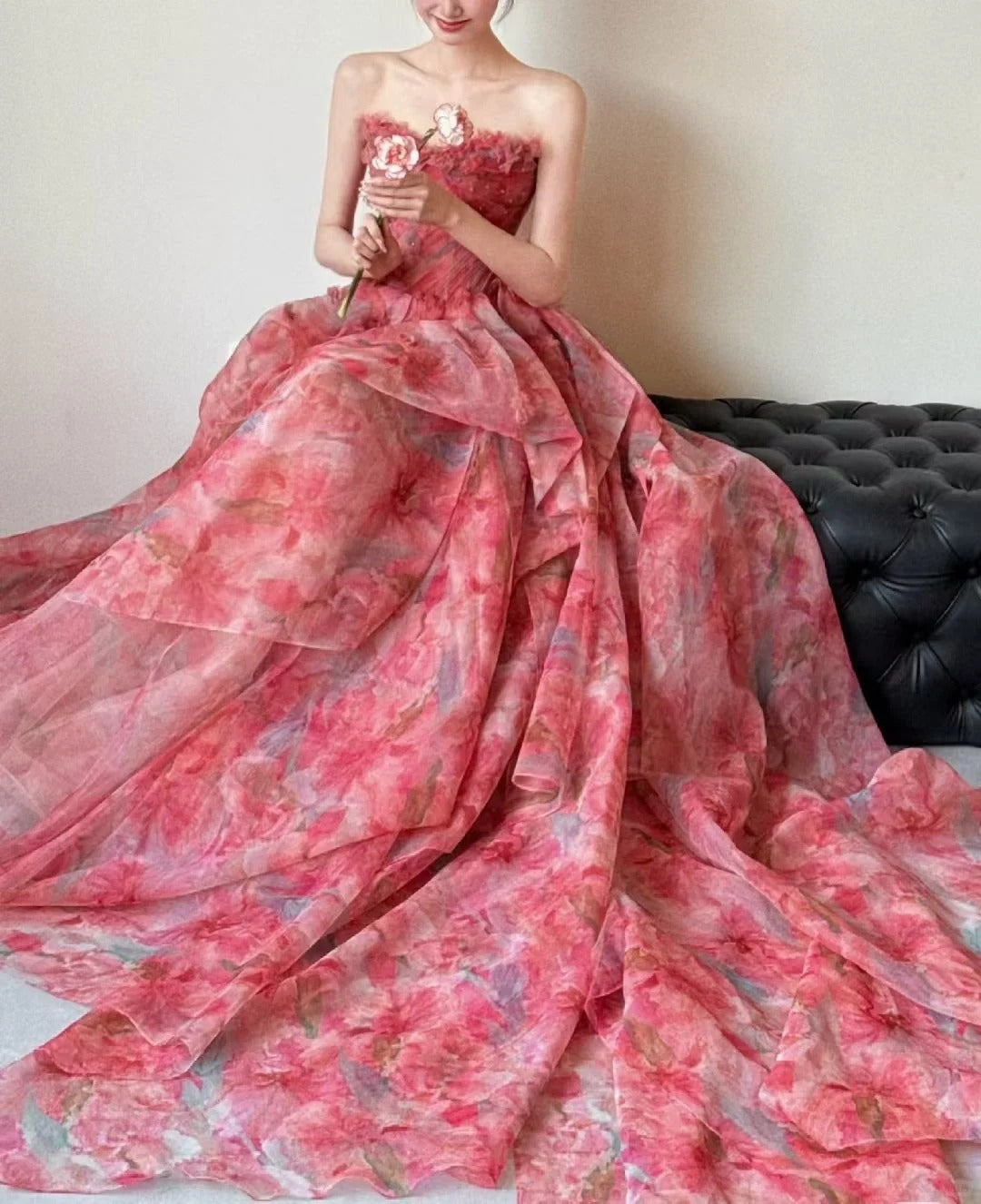 Gorgeous Red A-Line Strapless Printed Tulle Wedding Dress Sweet Long Prom Dresses ED02195