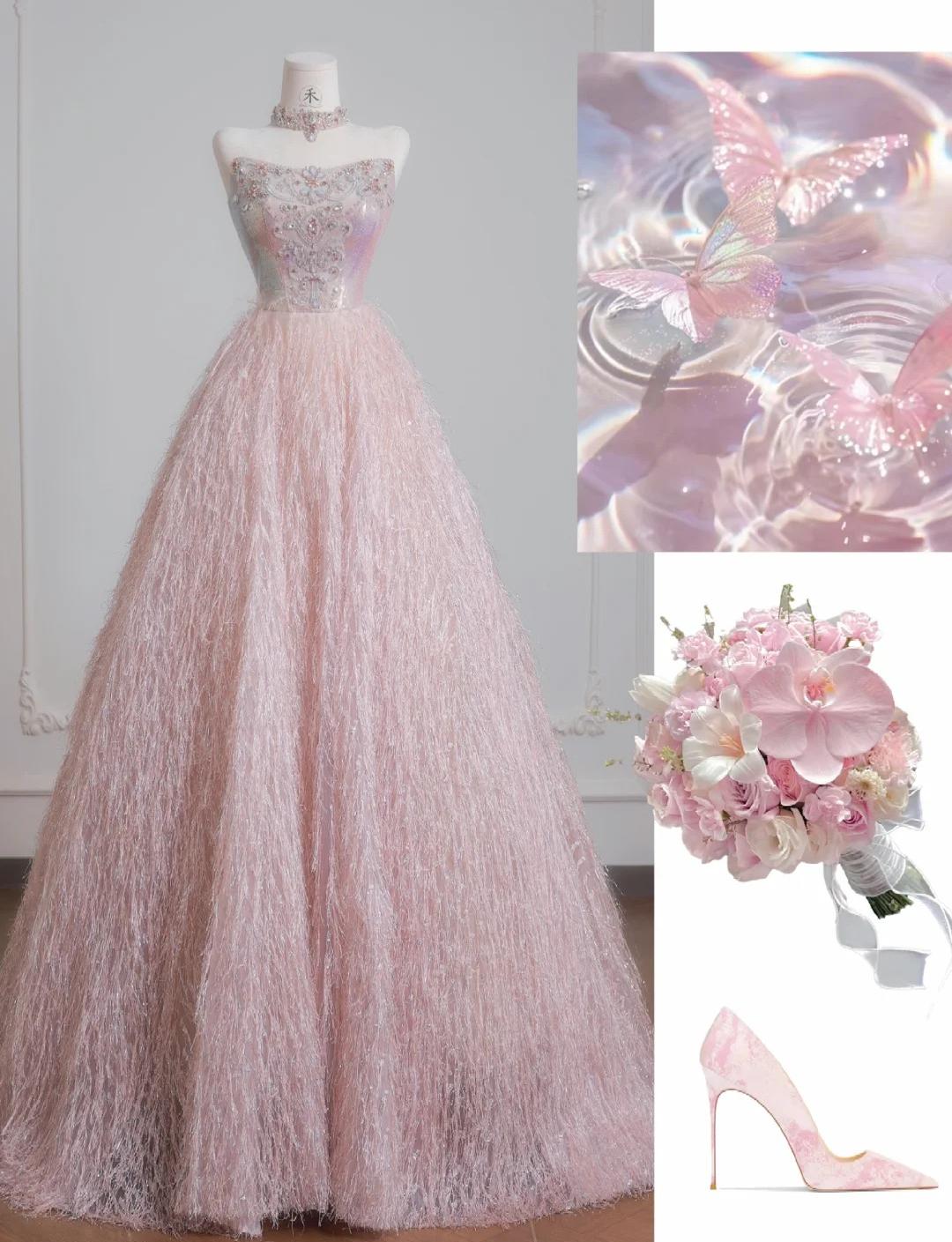 Sweet Pink Strapless Beaded Tulle Wedding Dress, A-Line Long Prom Dresses ED02197