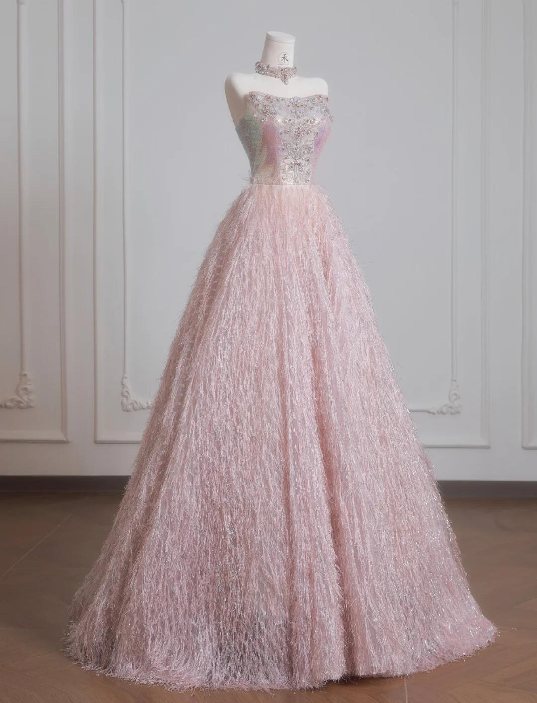 Sweet Pink Strapless Beaded Tulle Wedding Dress, A-Line Long Prom Dresses ED02197