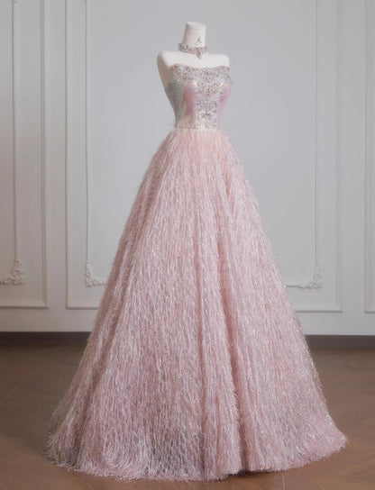 Sweet Pink Strapless Beaded Tulle Wedding Dress, A-Line Long Prom Dresses ED02197