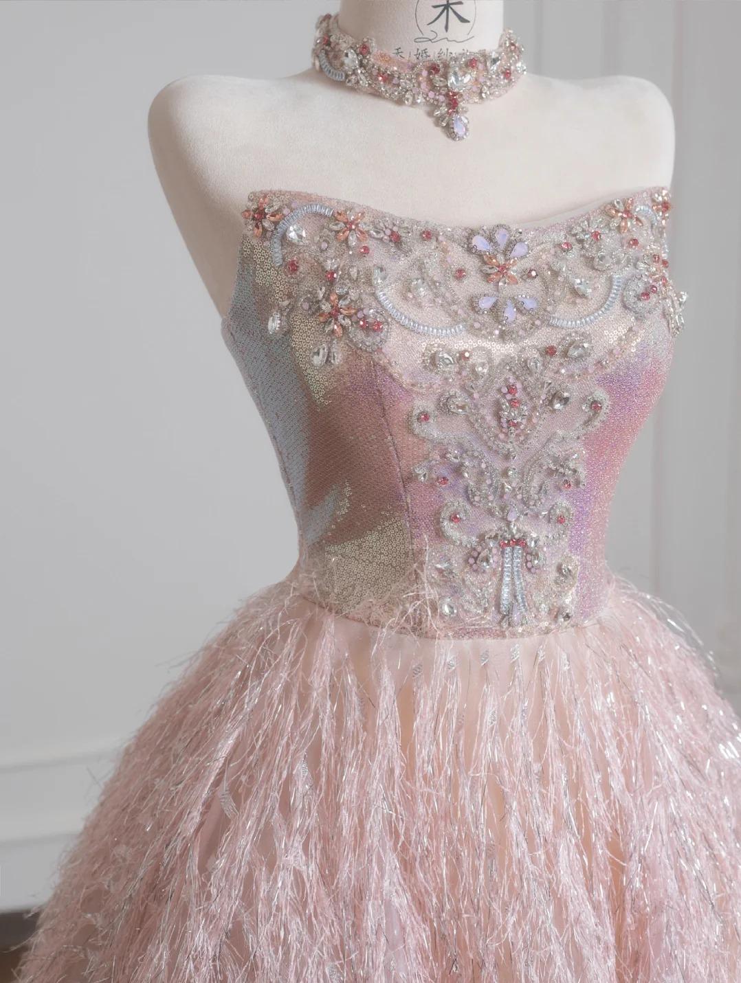 Sweet Pink Strapless Beaded Tulle Wedding Dress, A-Line Long Prom Dresses ED02197