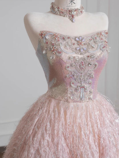 Sweet Pink Strapless Beaded Tulle Wedding Dress, A-Line Long Prom Dresses ED02197