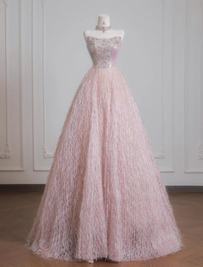 Sweet Pink Strapless Beaded Tulle Wedding Dress, A-Line Long Prom Dresses ED02197