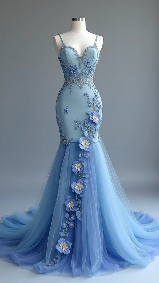Gorgeous Blue Spaghetti Straps Mermaid Tulle Beaded Long Prom Dresses Formal Evening Gowns ED02200