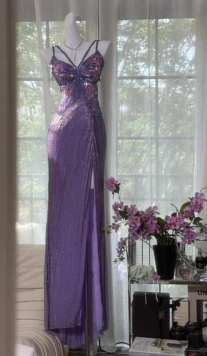 Vintage Purple Chiffon Beaded Sheath Elegant Backless Prom Dresses with Slits ED02201