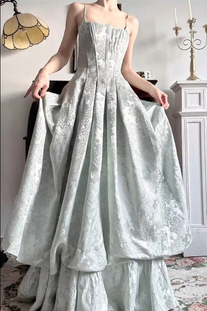 Vintage Spaghetti Straps Jacquard Satin A-Line Long Prom Dresses Sweet Backless Evening Gowns ED02203