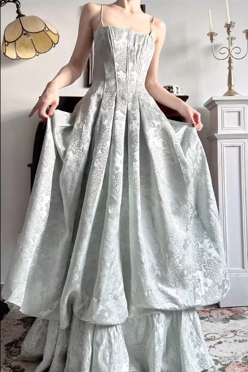 Vintage Spaghetti Straps Jacquard Satin A-Line Long Prom Dresses Sweet Backless Evening Gowns ED02203