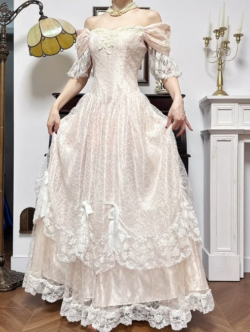 Sweet Light Champagne Off-the-shoulder A-Line Princess Prom Dresses Chiffon Lace Vintage Wedding Dress ED02208