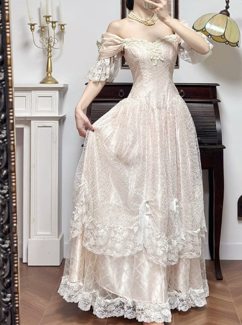 Sweet Light Champagne Off-the-shoulder A-Line Princess Prom Dresses Chiffon Lace Vintage Wedding Dress ED02208