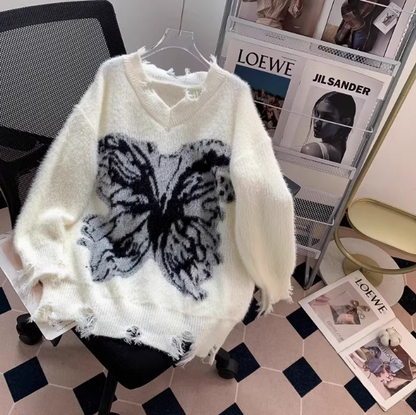 Butterfly Print Distressed V-Neck Pullover Sweater ED0220