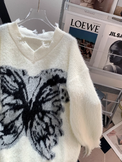 Butterfly Print Distressed V-Neck Pullover Sweater ED0220