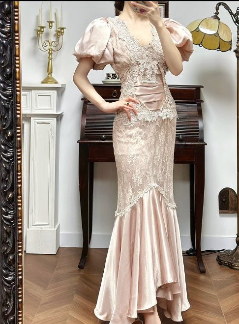 Fairytale Satin Lace Mermaid V-neck Prom Dresses, Beautiful Vintage Evening Gowns ED02211