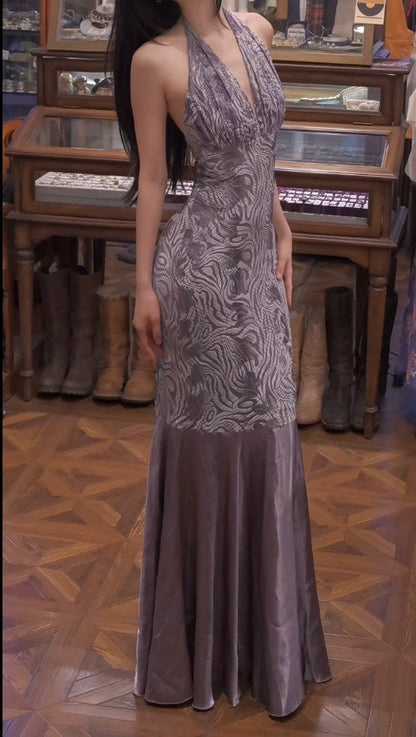 Gray Purple V-neck Mermaid Jacquard Satin Fashion Dresses Elegant Backless Prom Dresses ED02215