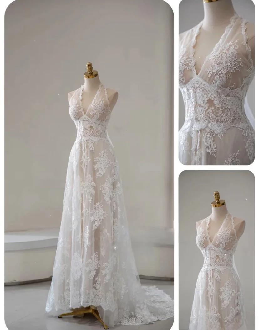 Elegant White Lace Applique Beaded A-line Vintage Wedding Dress ED02216