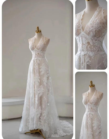 Elegant White Lace Applique Beaded A-line Vintage Wedding Dress ED02216