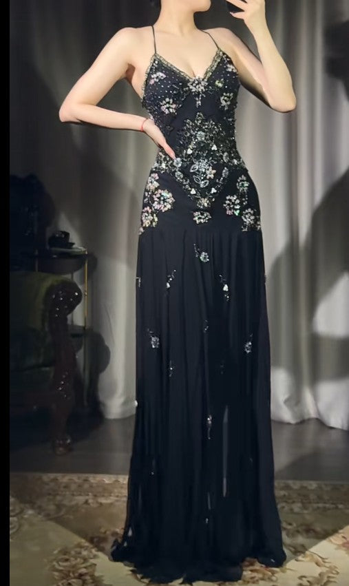 Elegant Black V-neck Sheath Long Prom Dresses Chiffon Beading Open Back Evening Gowns with Slit ED02218