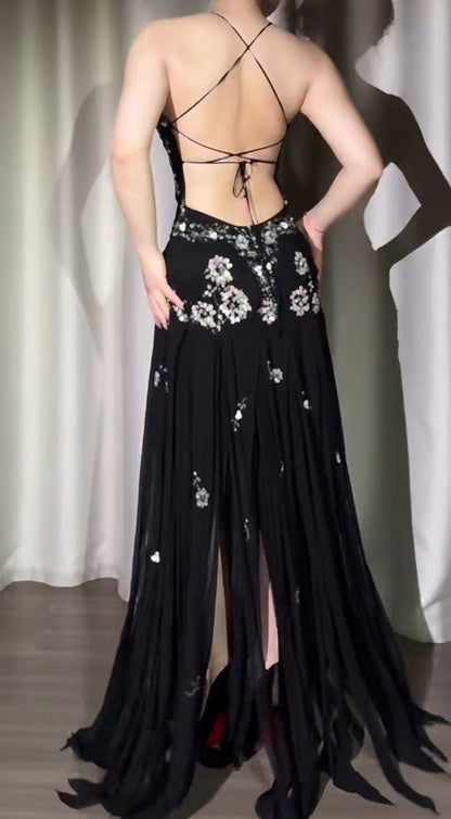 Elegant Black V-neck Sheath Long Prom Dresses Chiffon Beading Open Back Evening Gowns with Slit ED02218