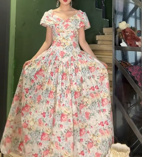 Vintage V-Neck Printed A-Line Garden Wedding Guest Dress ED02219