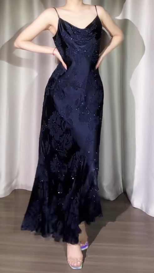 Vintage Navy Blue Jacquard Satin Spaghetti Strap Sheath Prom Dresses Shiny Beaded Evening Gowns ED02221