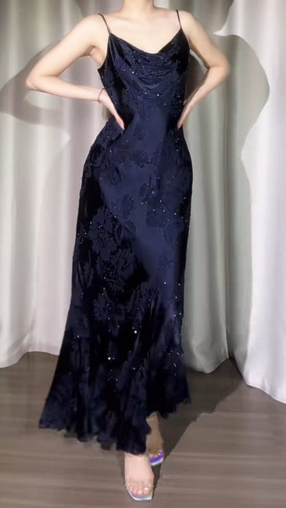 Vintage Navy Blue Jacquard Satin Spaghetti Strap Sheath Prom Dresses Shiny Beaded Evening Gowns ED02221