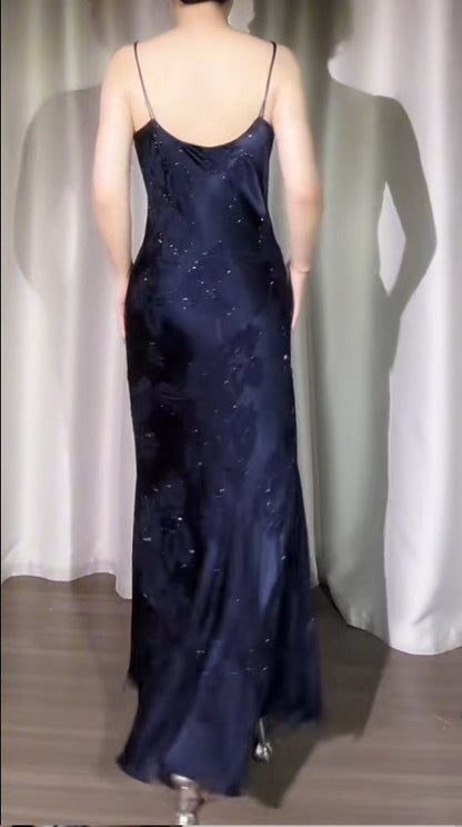 Vintage Navy Blue Jacquard Satin Spaghetti Strap Sheath Prom Dresses Shiny Beaded Evening Gowns ED02221