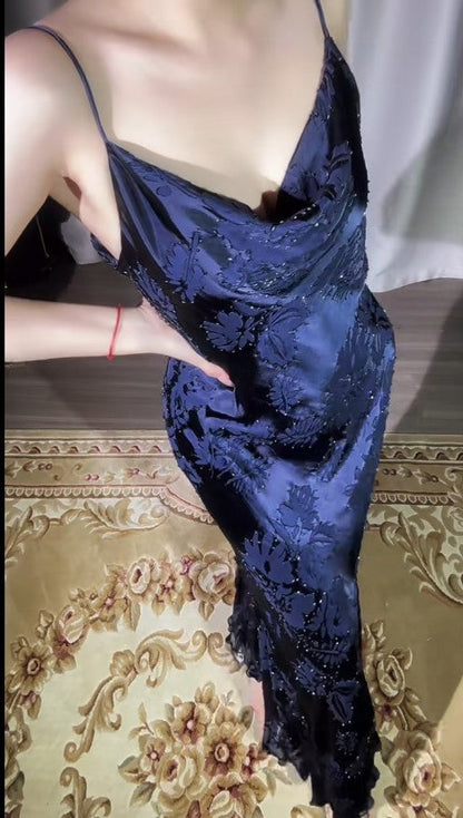 Vintage Navy Blue Jacquard Satin Spaghetti Strap Sheath Prom Dresses Shiny Beaded Evening Gowns ED02221