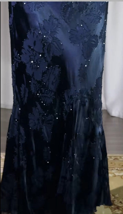 Vintage Navy Blue Jacquard Satin Spaghetti Strap Sheath Prom Dresses Shiny Beaded Evening Gowns ED02221