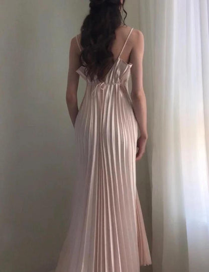 Light Champagne Spaghetti Straps Sheath Pleated Chiffon Fashion Prom Dress with Backless ED02223