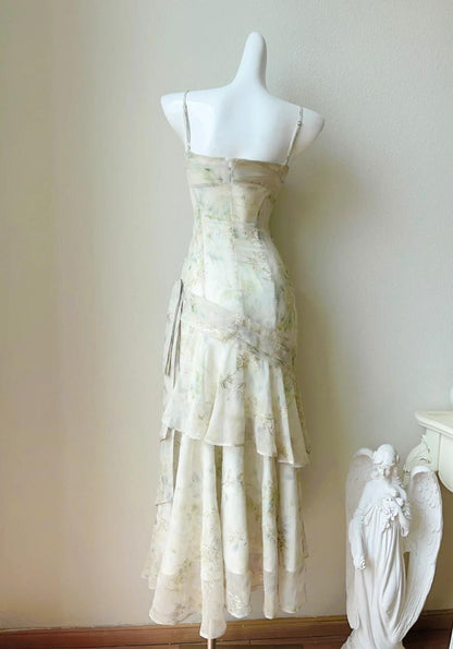 Vintage Print Chiffon Spaghetti Straps Layered Ruffles Prom Dresses ED02224