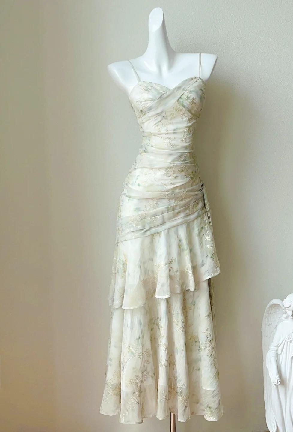 Vintage Print Chiffon Spaghetti Straps Layered Ruffles Prom Dresses ED02224