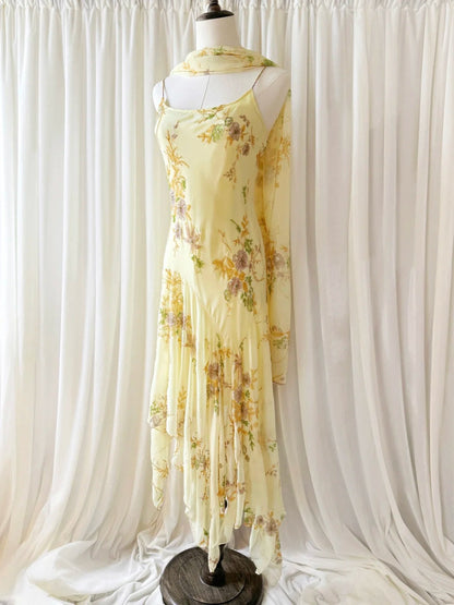 Vintage Yellow Beaded Chiffon Spaghetti Straps Sheath Prom Dresses ED02226