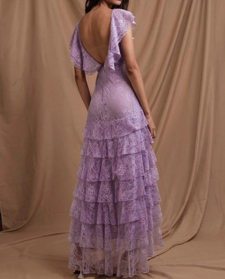 Sweet Lilac  V-neck Lace Long Prom Dresses A-line Backless Evening Gowns ED02228