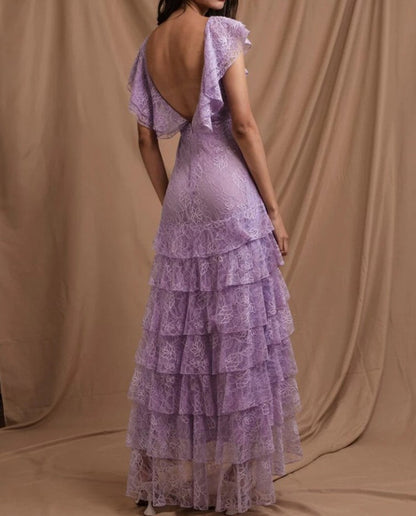 Sweet Lilac  V-neck Lace Long Prom Dresses A-line Backless Evening Gowns ED02228