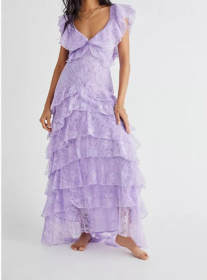 Sweet Lilac  V-neck Lace Long Prom Dresses A-line Backless Evening Gowns ED02228