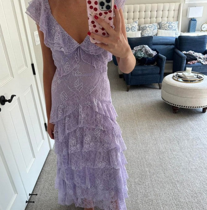 Sweet Lilac  V-neck Lace Long Prom Dresses A-line Backless Evening Gowns ED02228