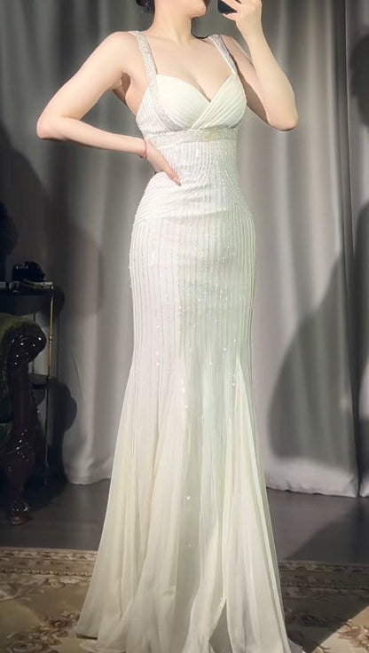 Gothic Apricot Spaghetti Straps Mermaid Party Dress Beaded Chiffon Prom Dresses Elegant Evening Gowns ED02229