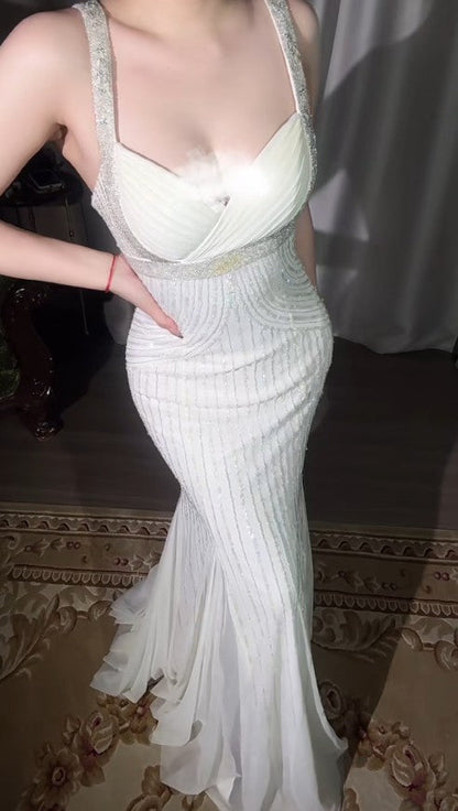 Gothic Apricot Spaghetti Straps Mermaid Party Dress Beaded Chiffon Prom Dresses Elegant Evening Gowns ED02229