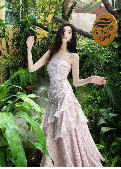 Fairytale Pink Spaghetti Straps Long Birthday Dress Chiffon Ruffles Layered Fashion Party Dresses ED02230