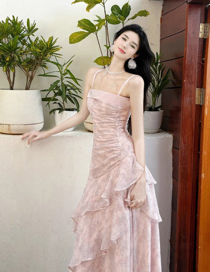 Fairytale Pink Spaghetti Straps Long Birthday Dress Chiffon Ruffles Layered Fashion Party Dresses ED02230