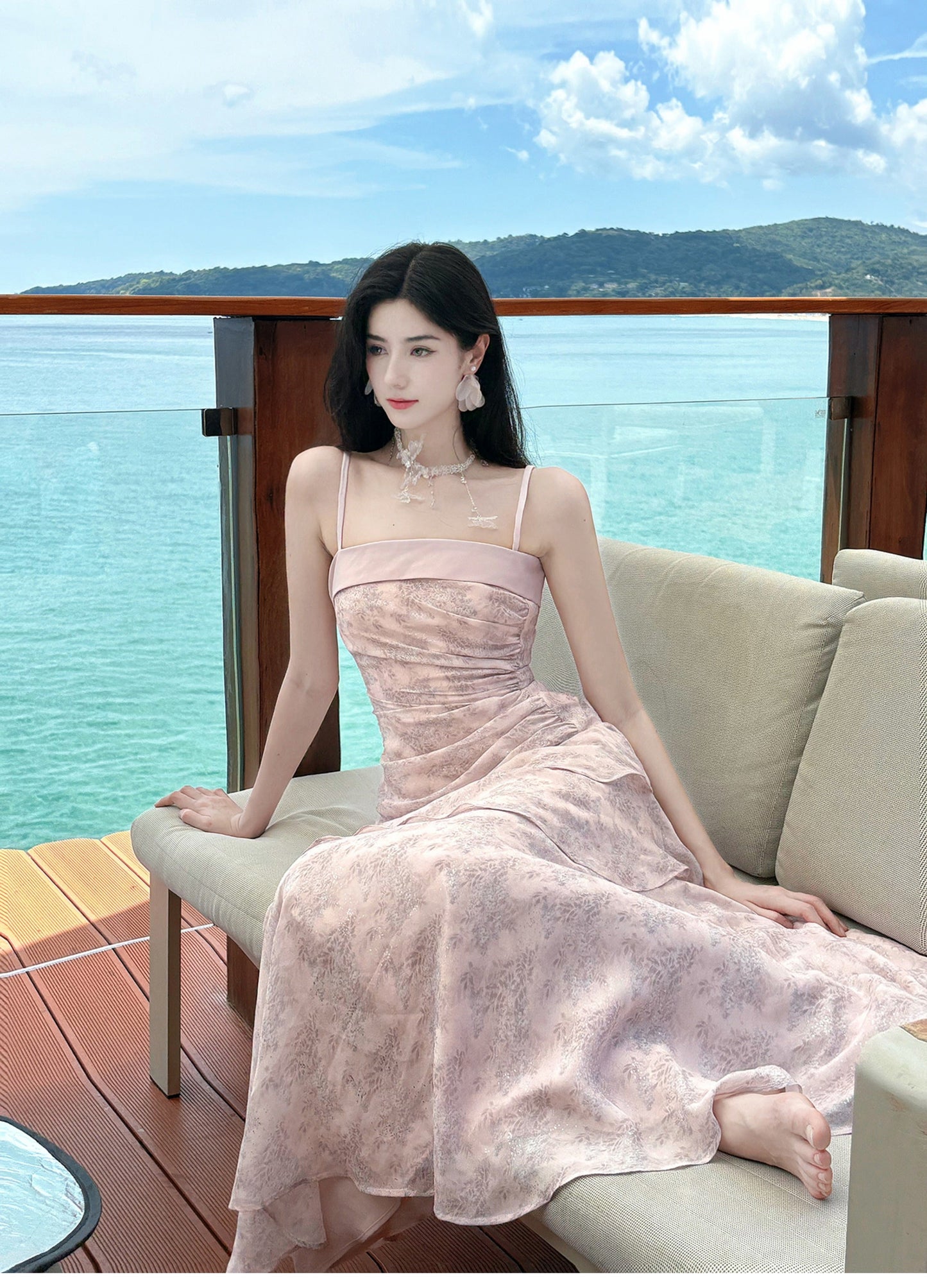 Fairytale Pink Spaghetti Straps Long Birthday Dress Chiffon Ruffles Layered Fashion Party Dresses ED02230